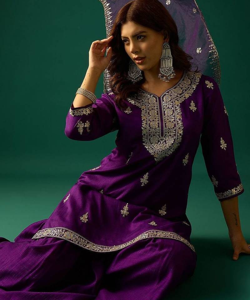 Ethnic Motifs Embroidered Zari Kurta With Sharara & Dupatta