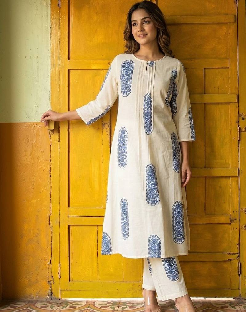 pure cotton ethnic motif printed A line Kurta with Trousers