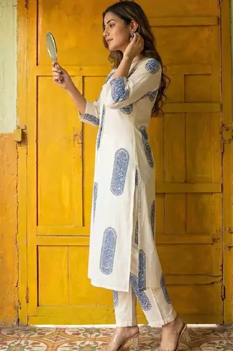 pure cotton ethnic motif printed A line Kurta with Trousers