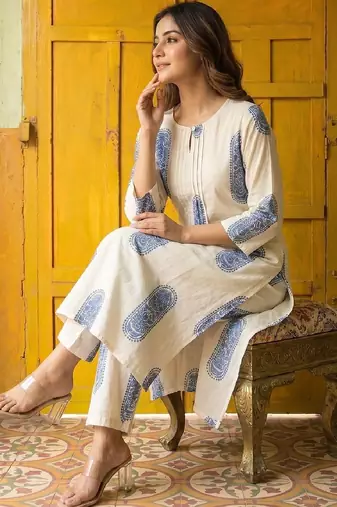 pure cotton ethnic motif printed A line Kurta with Trousers