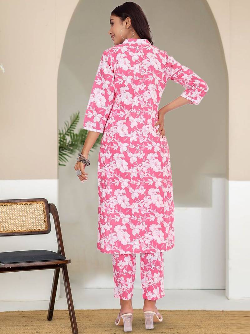 Women Floral Printed Pure Cotton Kurta with Trousers