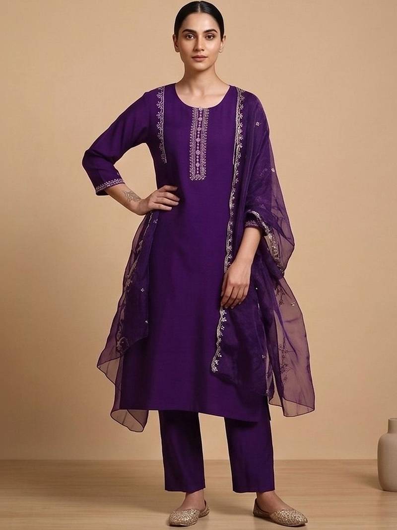 Women Ethnic Motifs Embroidered Regular Thread Work Kurta with Trousers & With Dupatta