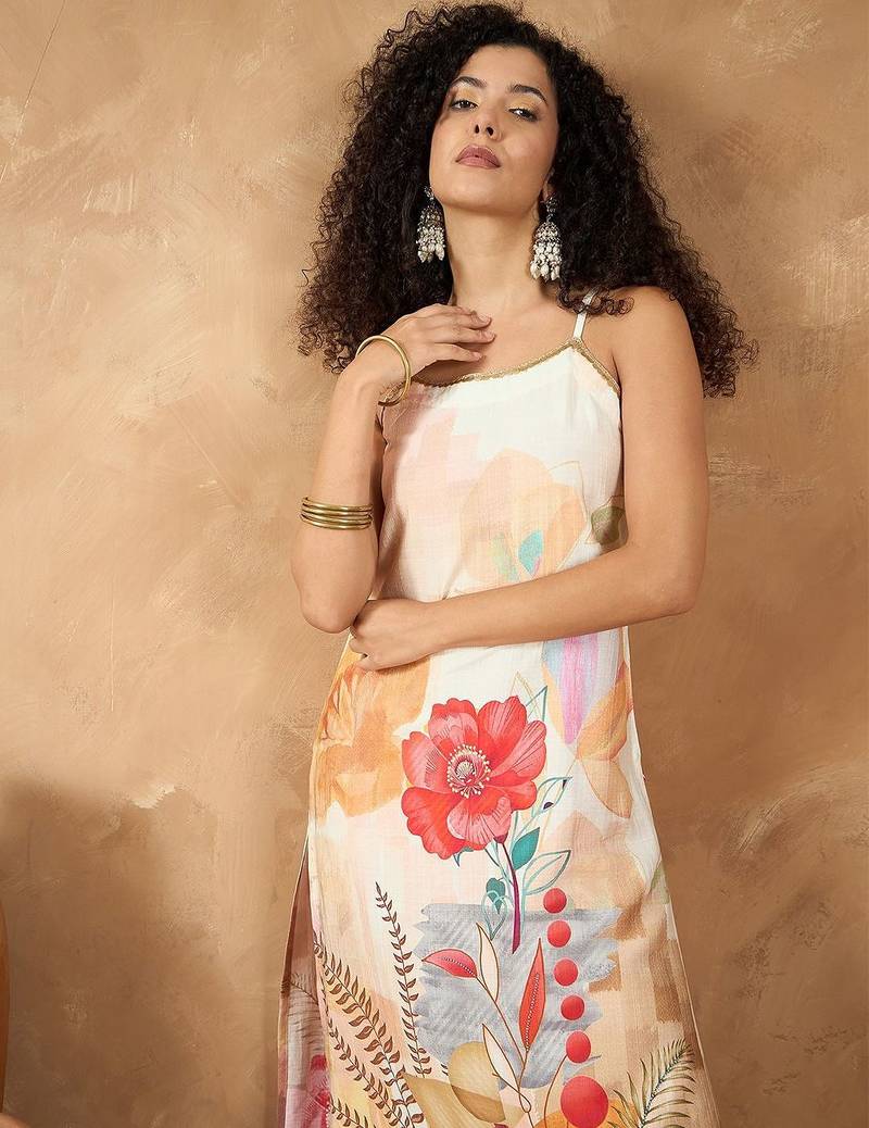 Women Spaghetti strap floral kurta with trousers
