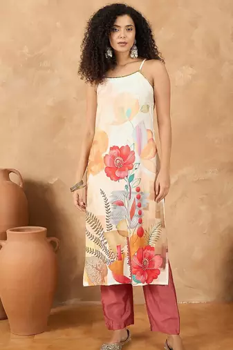 Women Spaghetti strap floral kurta with trousers