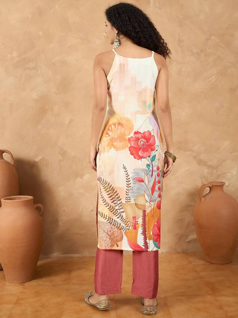 Women Spaghetti strap floral kurta with trousers