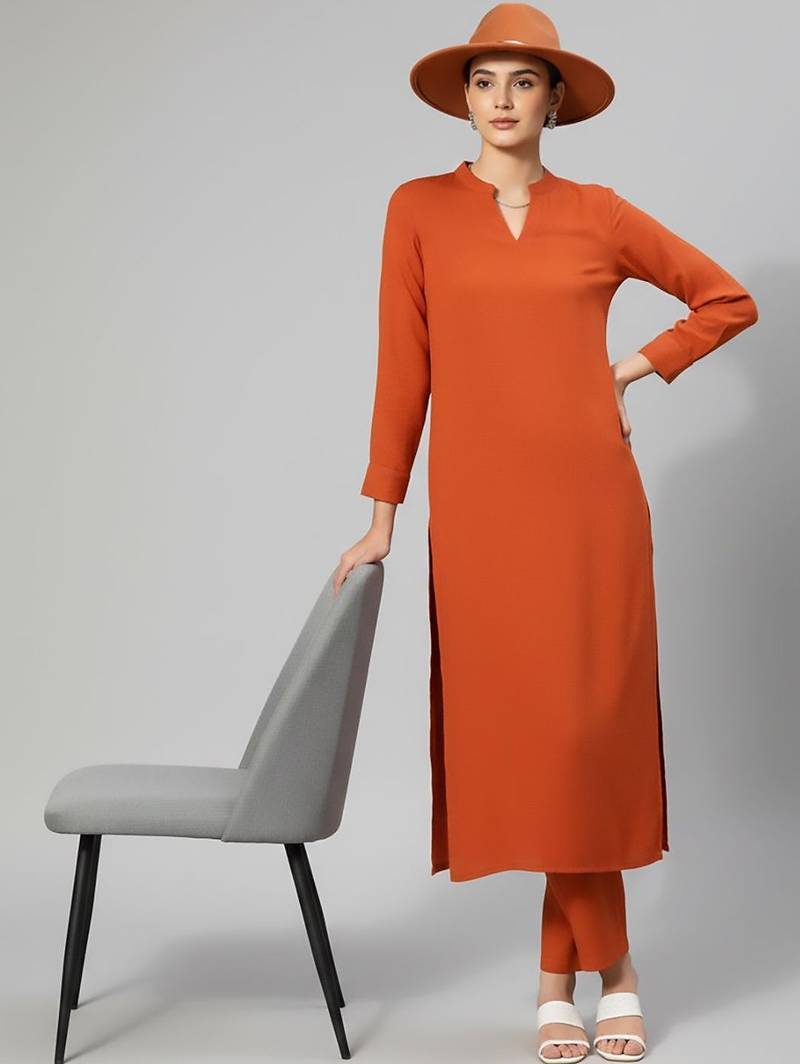 Women Regular Silk Crepe Kurta with Trousers