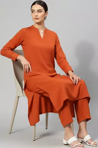Women Regular Silk Crepe Kurta with Trousers