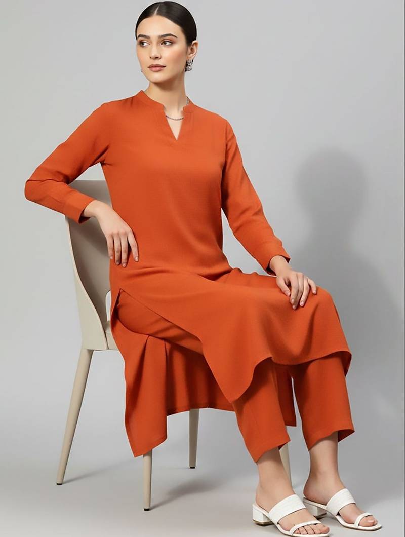 Women Regular Silk Crepe Kurta with Trousers