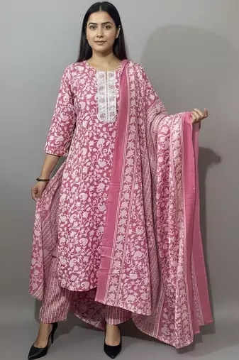 Women Floral Printed Regular Thread Work Kurta with Trousers & With Dupatta