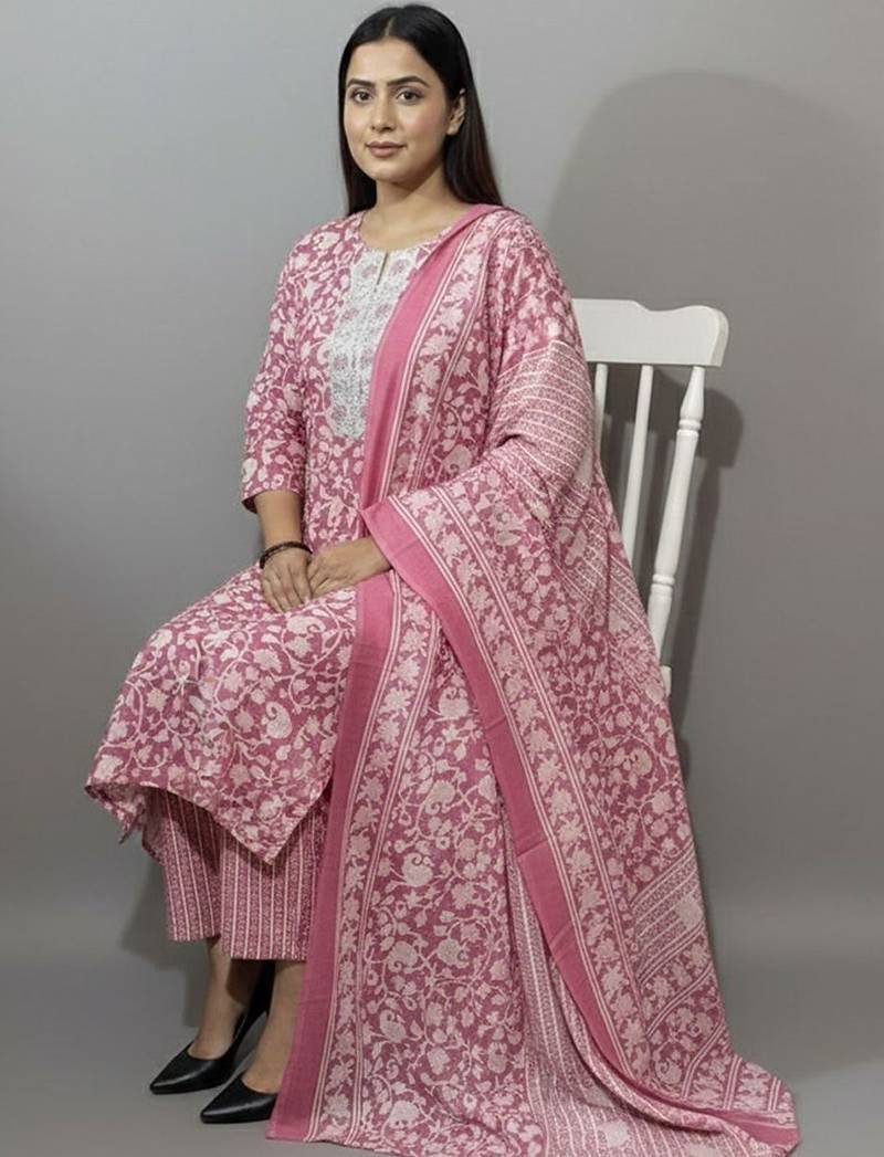 Women Floral Printed Regular Thread Work Kurta with Trousers & With Dupatta