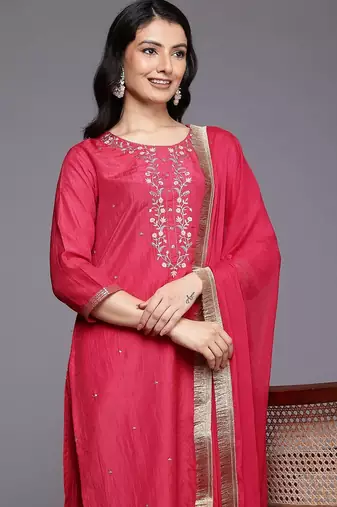Floral Embroidered Thread Work Kurta With Trousers & Dupatta