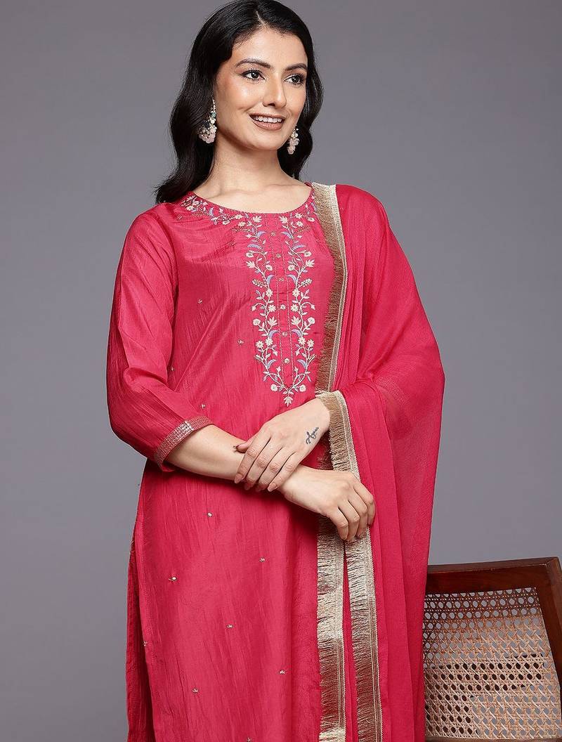 Floral Embroidered Thread Work Kurta With Trousers & Dupatta