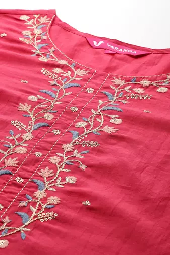 Floral Embroidered Thread Work Kurta With Trousers & Dupatta