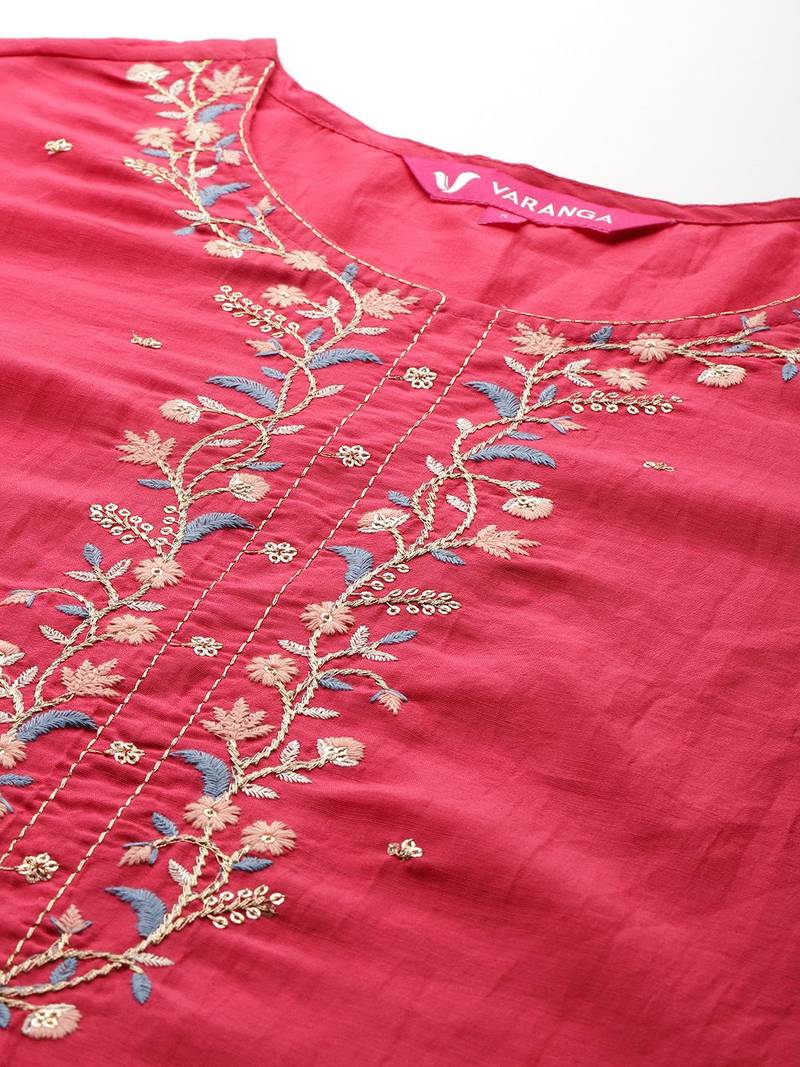 Floral Embroidered Thread Work Kurta With Trousers & Dupatta