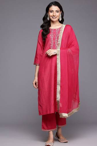 Floral Embroidered Thread Work Kurta With Trousers & Dupatta