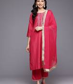 Floral Embroidered Thread Work Kurta With Trousers & Dupatta