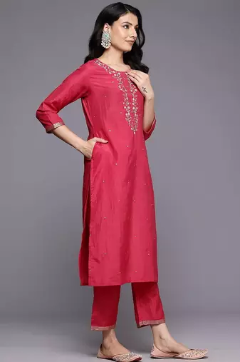 Floral Embroidered Thread Work Kurta With Trousers & Dupatta