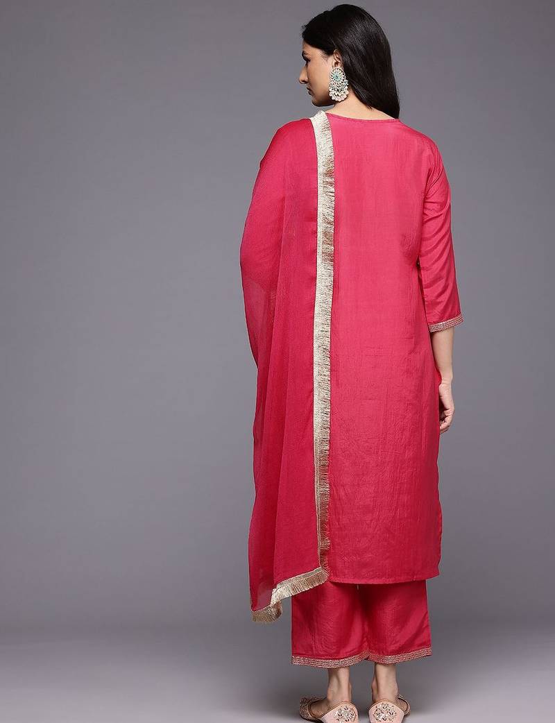 Floral Embroidered Thread Work Kurta With Trousers & Dupatta