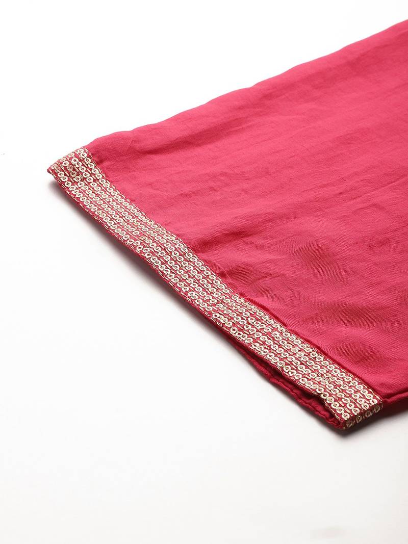 Floral Embroidered Thread Work Kurta With Trousers & Dupatta