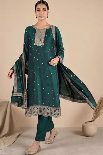 Women Ethnic Motifs Embroidered Regular Thread Work Kurta with Trousers & With Dupatta