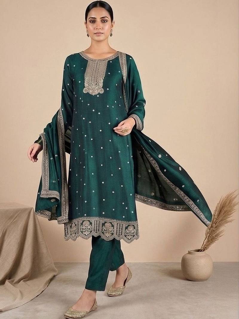 Women Ethnic Motifs Embroidered Regular Thread Work Kurta with Trousers & With Dupatta
