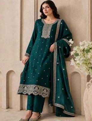 Women Ethnic Motifs Embroidered Regular Thread Work Kurta with Trousers & With Dupatta 1