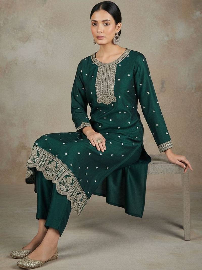 Women Ethnic Motifs Embroidered Regular Thread Work Kurta with Trousers & With Dupatta