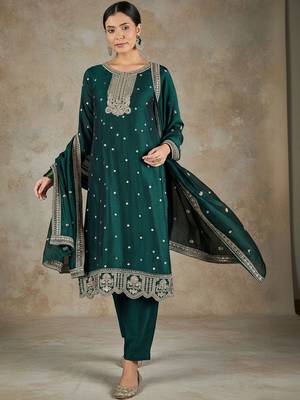 Women Ethnic Motifs Embroidered Regular Thread Work Kurta with Trousers & With Dupatta 7
