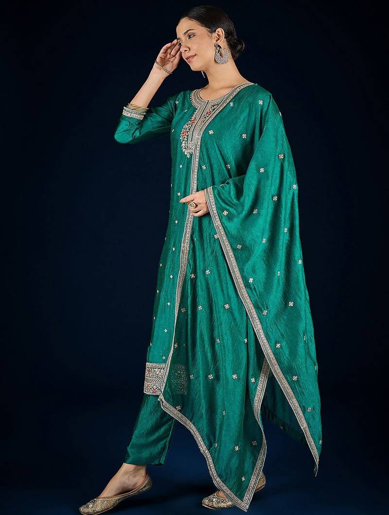 Women Ethnic Motifs Embroidered Kurta with Trousers & Dupatta
