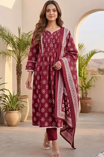 Women Ethnic Motifs Printed Pleated Kurta with Trousers & With Dupatta