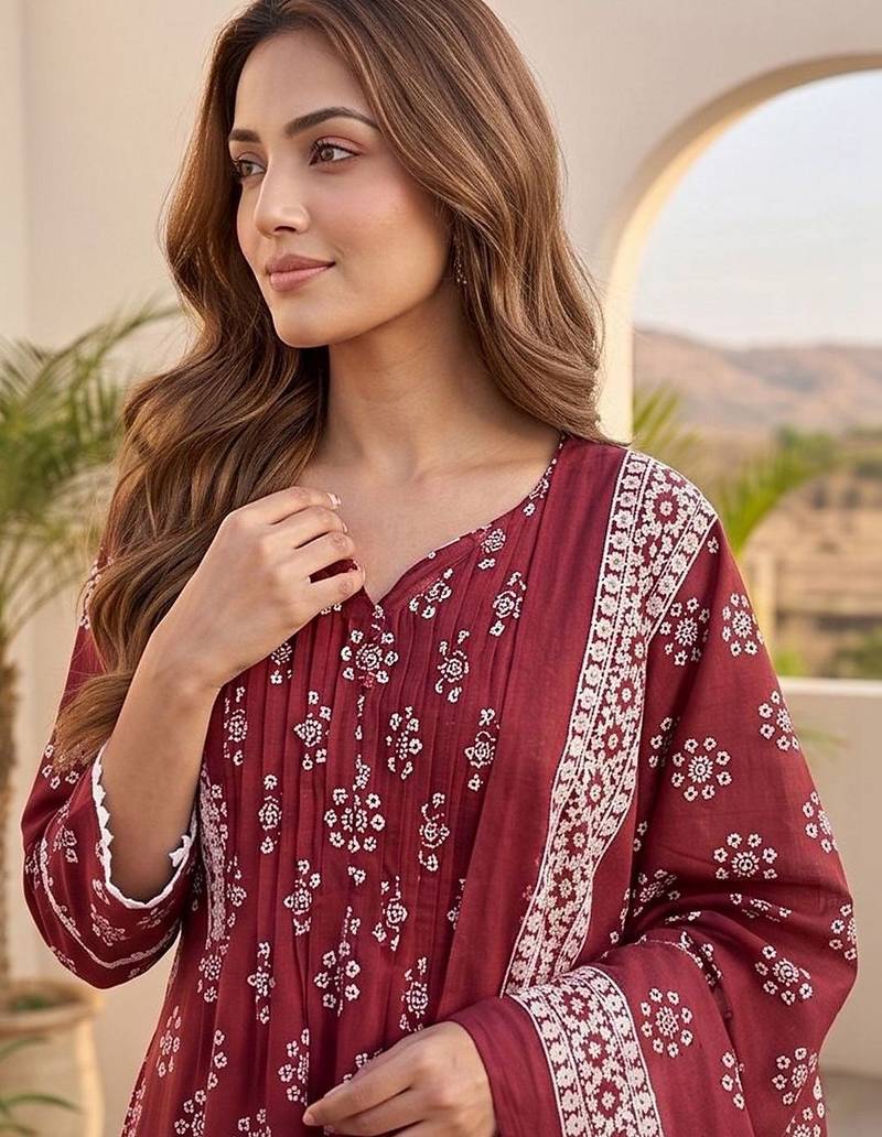 Women Ethnic Motifs Printed Pleated Kurta with Trousers & With Dupatta