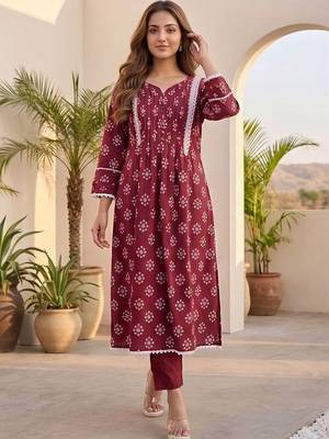 Women Ethnic Motifs Printed Pleated Kurta with Trousers & With Dupatta 6