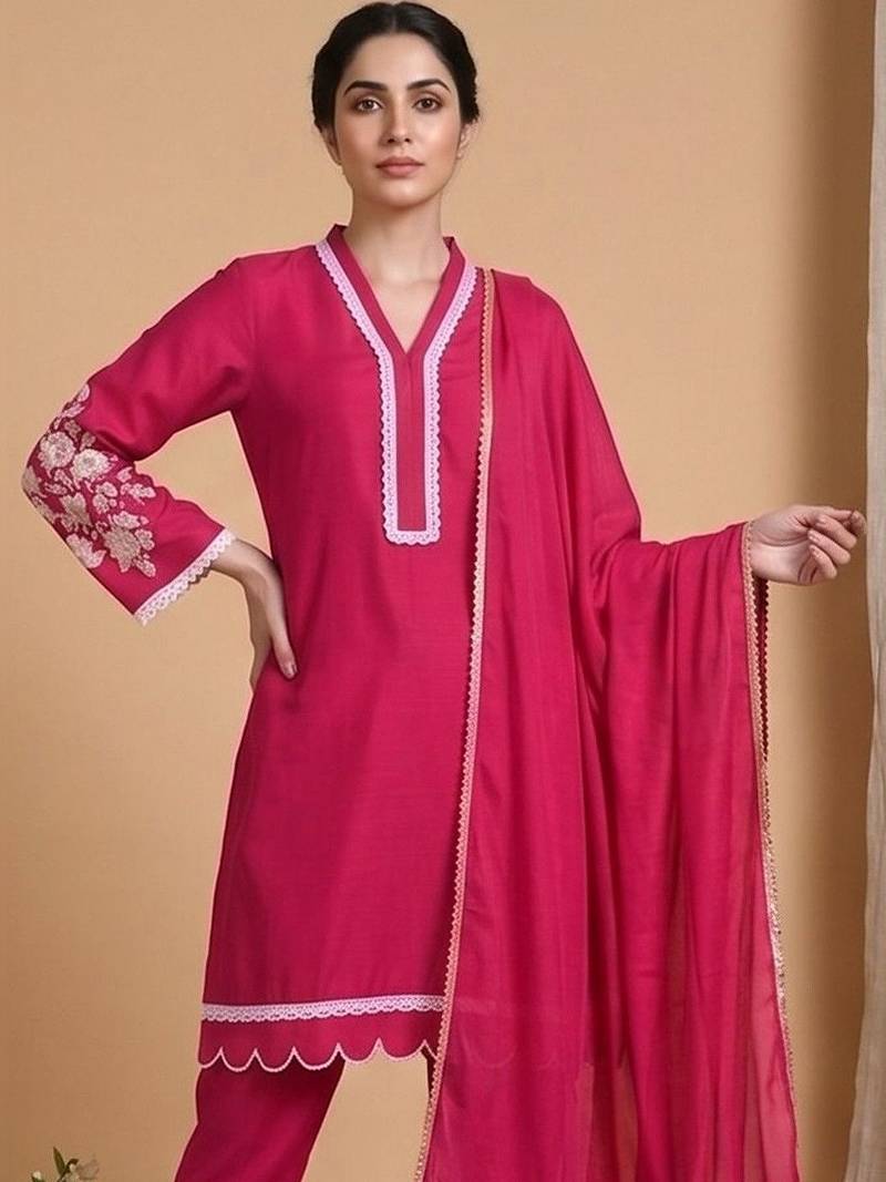Women Floral Embroidered Regular Thread Work Kurta with Trousers & With Dupatta