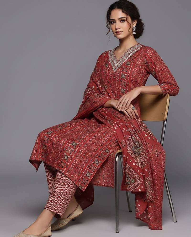 Women Ethnic Motifs Printed Regular Kurta with Trousers & With Dupatta