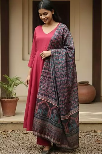 Women Ethnic Motifs Regular Kurta with Trousers & With Dupatta