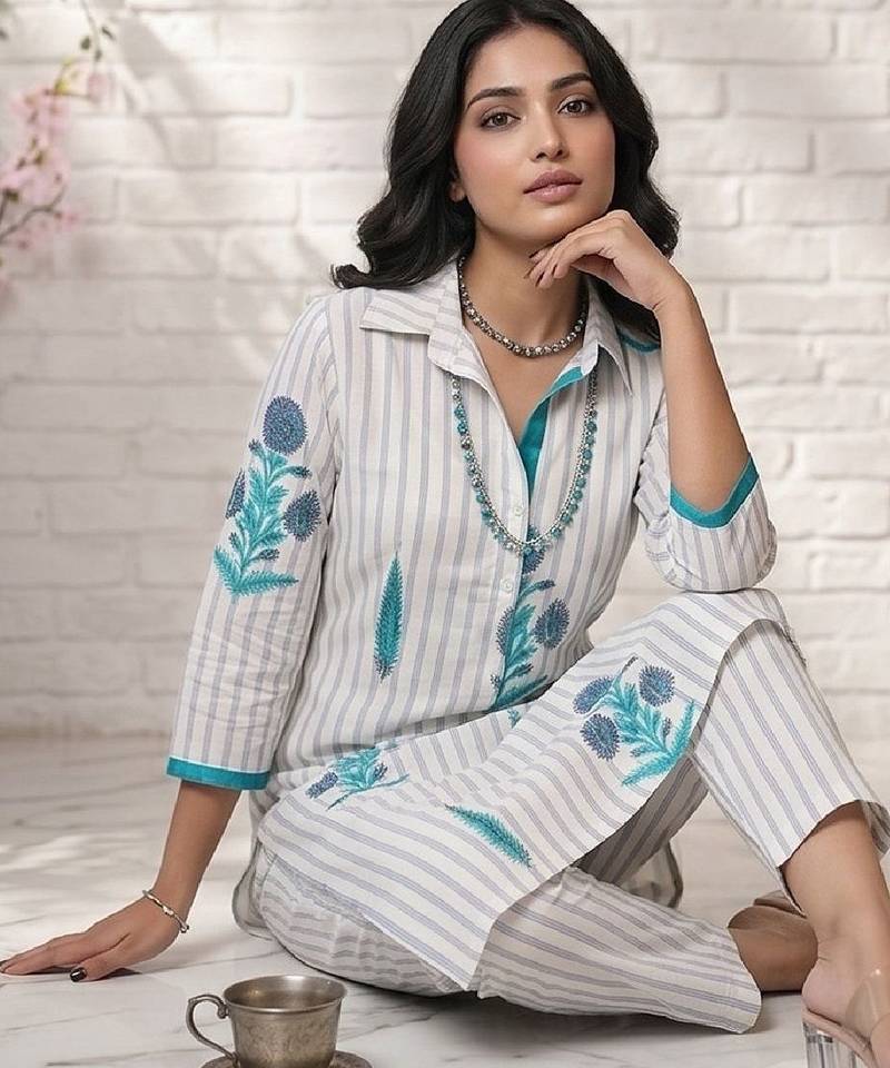 Women Striped Regular Kurta with Trousers
