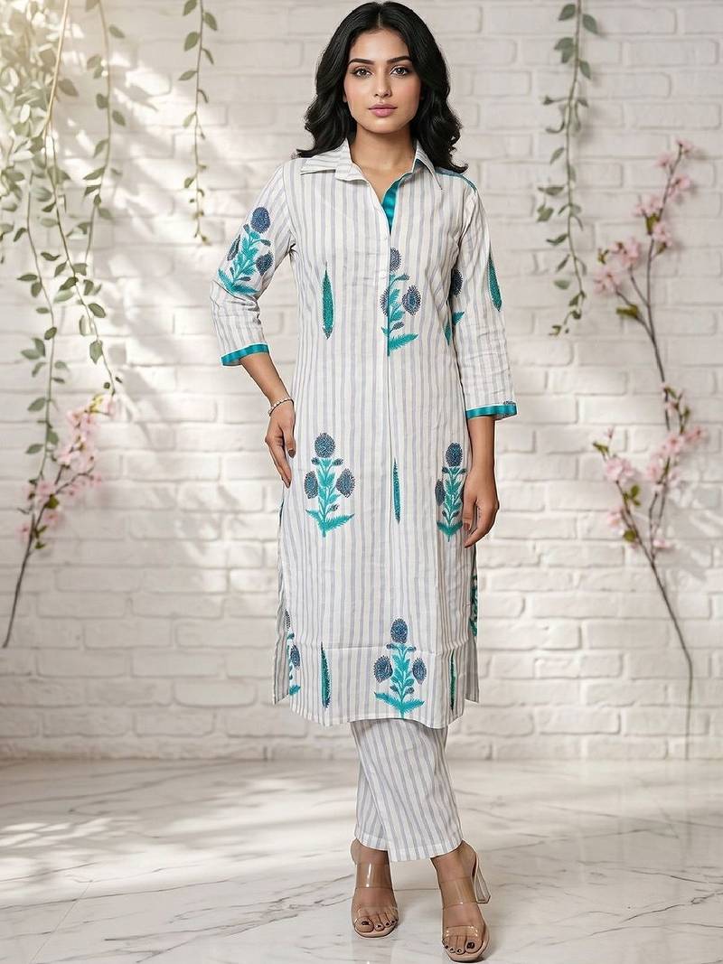 Women Striped Regular Kurta with Trousers
