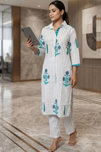 Women Striped Regular Kurta with Trousers