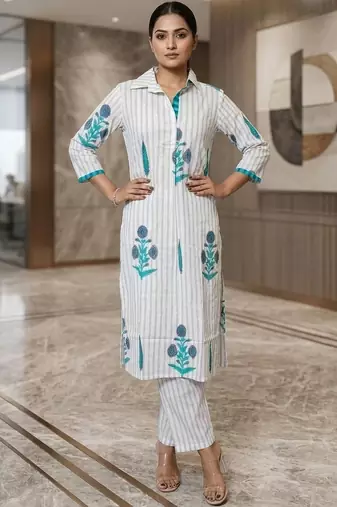 Women Striped Regular Kurta with Trousers