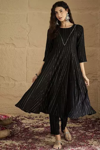 Women Striped Round Neck Gotta Patti Silk Crepe Kurta with Trousers