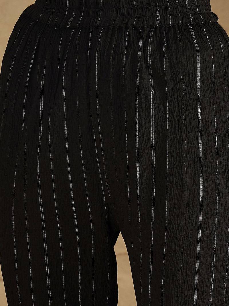 Women Striped Round Neck Gotta Patti Silk Crepe Kurta with Trousers