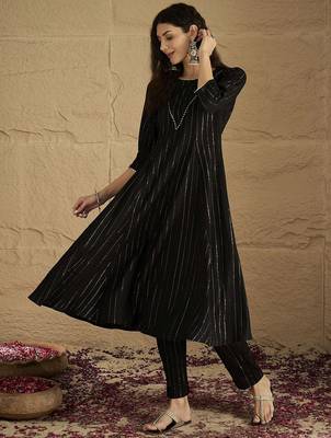 Women Striped Round Neck Gotta Patti Silk Crepe Kurta with Trousers 4