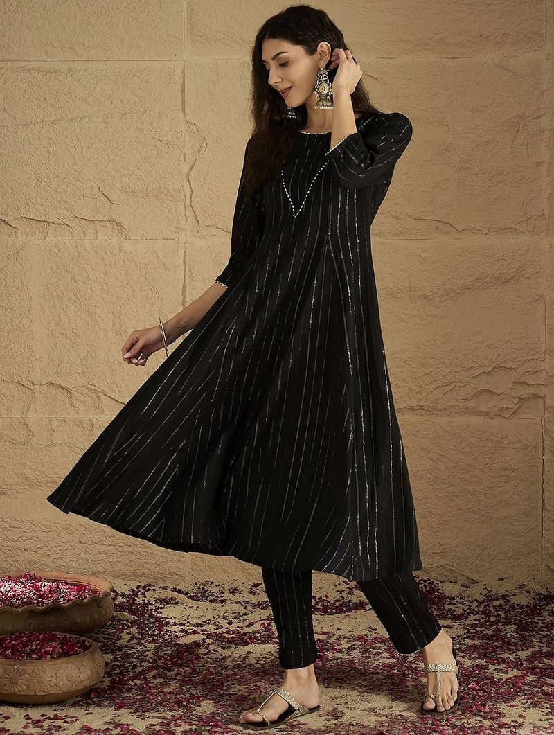 Women Striped Round Neck Gotta Patti Silk Crepe Kurta with Trousers