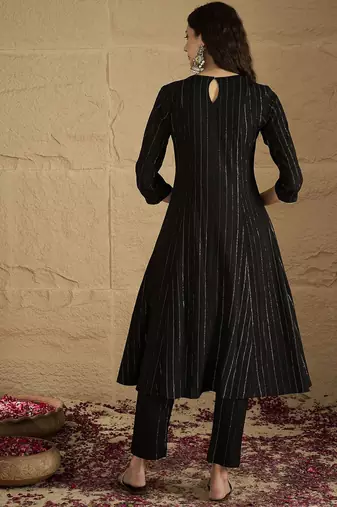 Women Striped Round Neck Gotta Patti Silk Crepe Kurta with Trousers