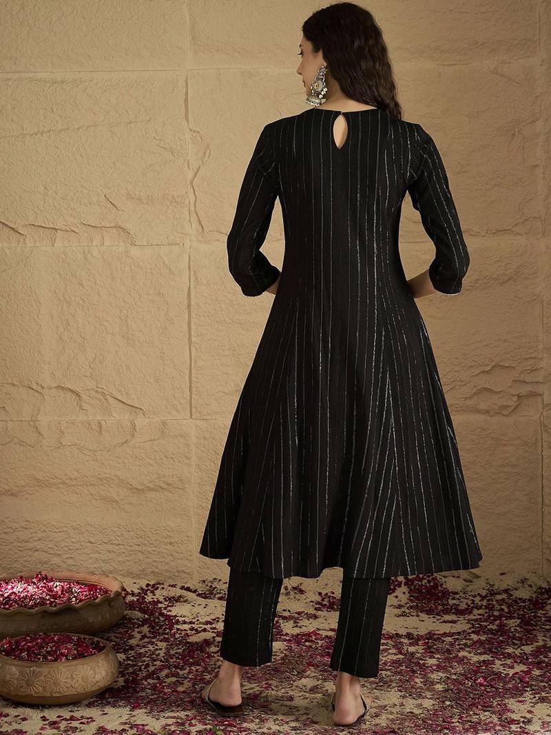 Women Striped Round Neck Gotta Patti Silk Crepe Kurta with Trousers
