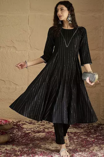 Women Striped Round Neck Gotta Patti Silk Crepe Kurta with Trousers