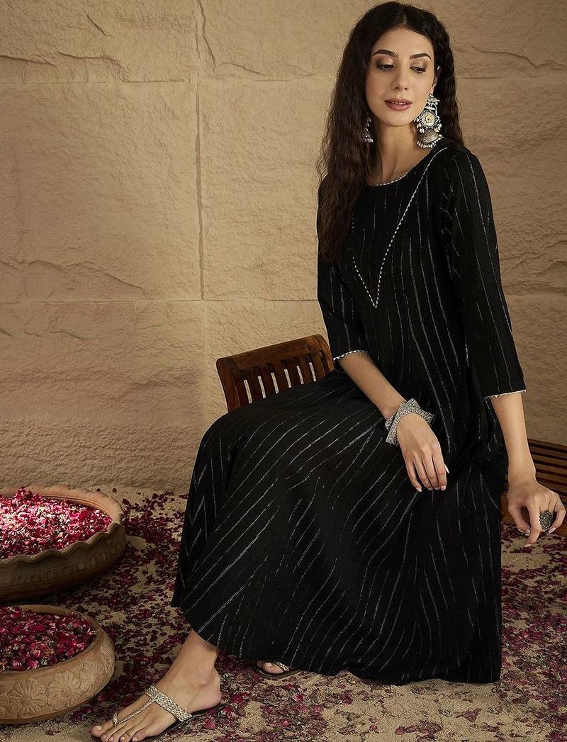 Women Striped Round Neck Gotta Patti Silk Crepe Kurta with Trousers