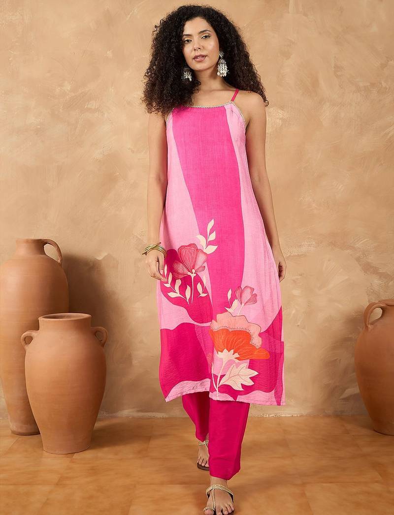 Women Spaghetti strap floral kurta with trousers