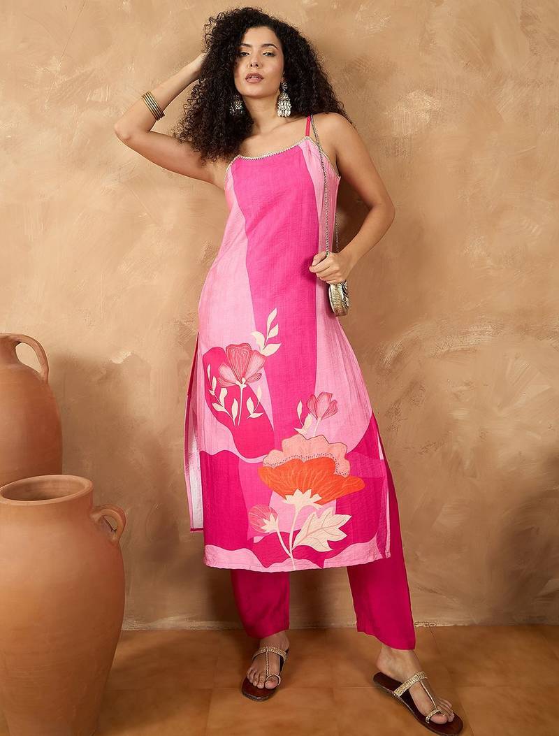 Women Spaghetti strap floral kurta with trousers