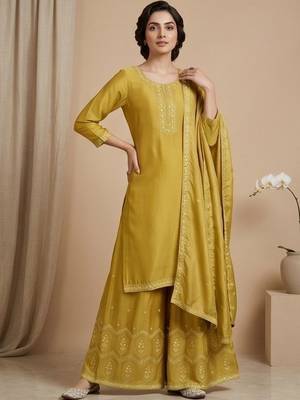 Women Ethnic Motifs Embroidered Regular Thread Work Silk Crepe Kurta with Palazzos & With Dupatta 1